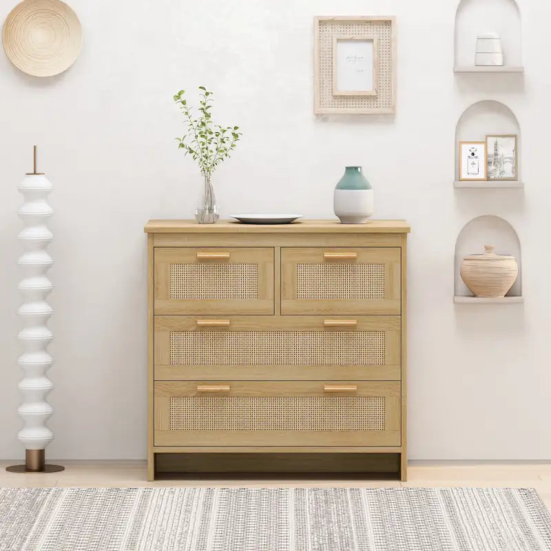 Cassettiera a 4 cassetti in rattan naturale con gambe in legno – 80 L x 40 P x 80 H cm