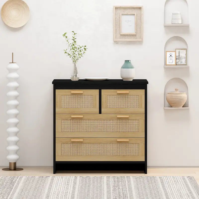Cassettiera a 4 cassetti in rattan naturale con gambe in legno – 80 L x 40 P x 80 H cm