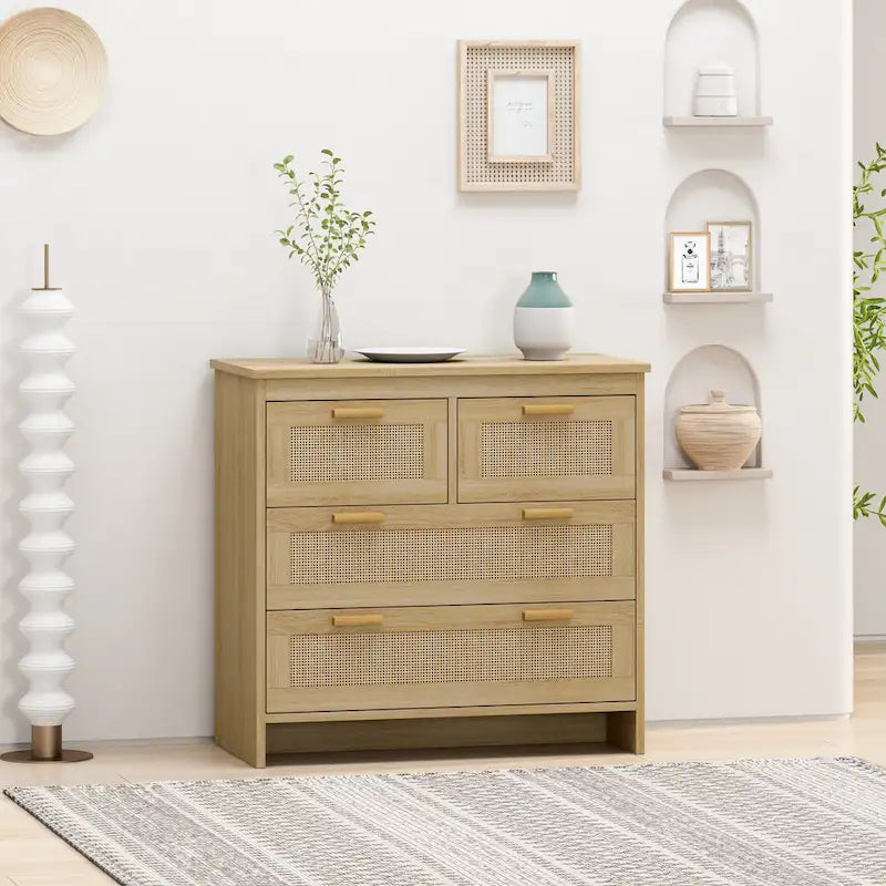Cassettiera a 4 cassetti in rattan naturale con gambe in legno – 80 L x 40 P x 80 H cm