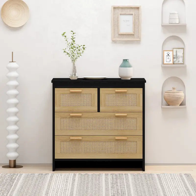 Cassettiera a 4 cassetti in rattan naturale con gambe in legno – 80 L x 40 P x 80 H cm