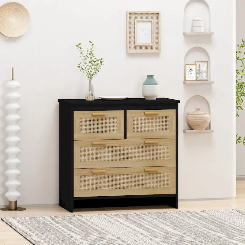 Cassettiera a 4 cassetti in rattan naturale con gambe in legno – 80 L x 40 P x 80 H cm