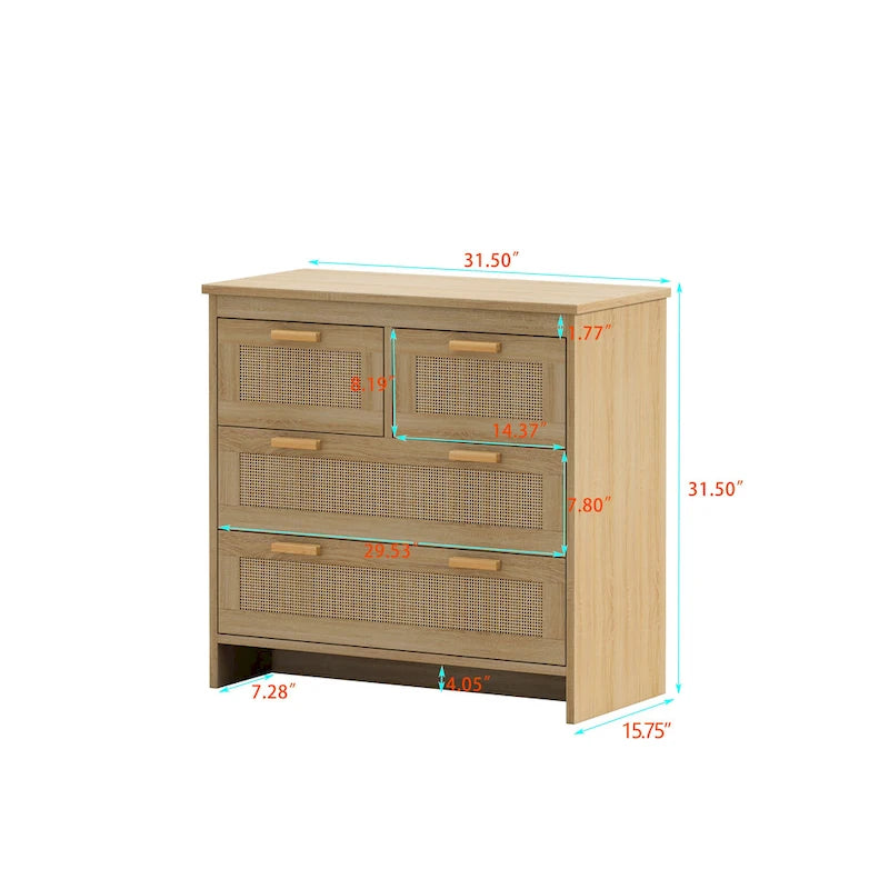 Cassettiera a 4 cassetti in rattan naturale con gambe in legno – 80 L x 40 P x 80 H cm