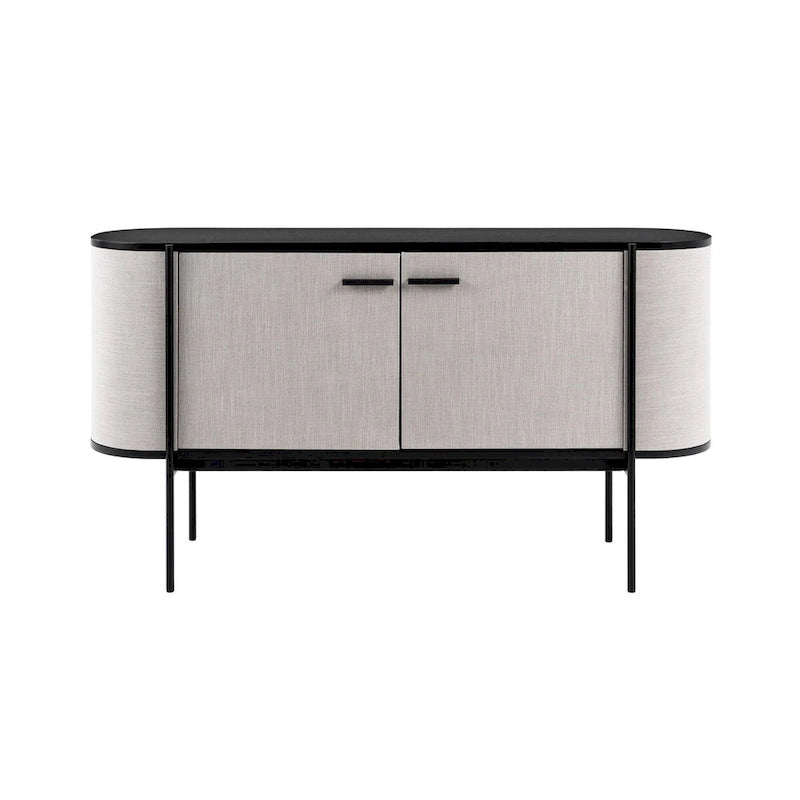 Credenza moderna in tessuto beige e metallo nero opaco con design curvo