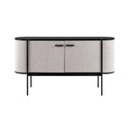 Credenza moderna in tessuto beige e metallo nero opaco con design curvo