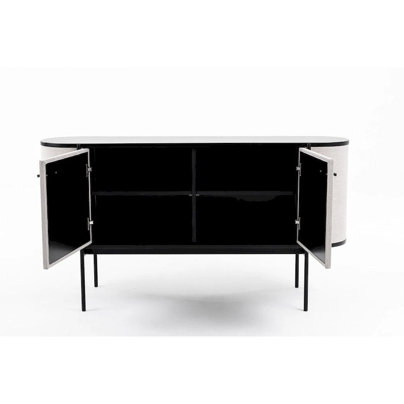 Credenza moderna in tessuto beige e metallo nero opaco con design curvo