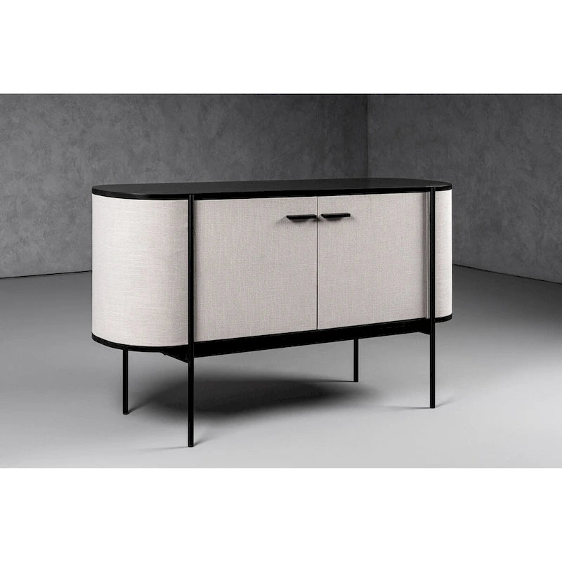 Credenza moderna in tessuto beige e metallo nero opaco con design curvo