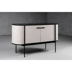 Credenza moderna in tessuto beige e metallo nero opaco con design curvo