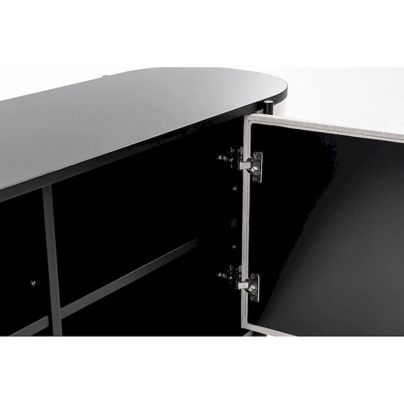 Credenza moderna in tessuto beige e metallo nero opaco con design curvo