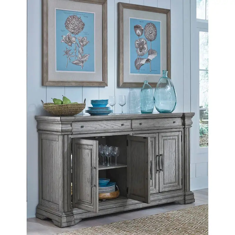 Credenza e Vetrina da Fattoria con 2 Cassetti, 4 Ante e Ripiani Regolabili – Rovere Grigio