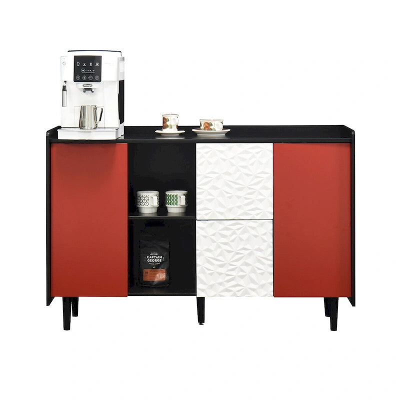 Credenza Madia, Mobile Contenitore con Ante Rosse, 2 Cassetti con pannello decorativo unico e 2 Vani a Giorno