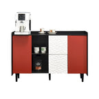 Credenza Madia, Mobile Contenitore con Ante Rosse, 2 Cassetti con pannello decorativo unico e 2 Vani a Giorno