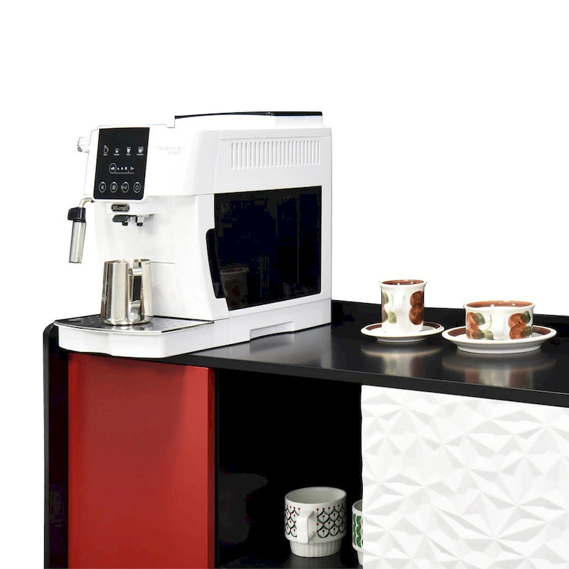 Credenza Madia, Mobile Contenitore con Ante Rosse, 2 Cassetti con pannello decorativo unico e 2 Vani a Giorno