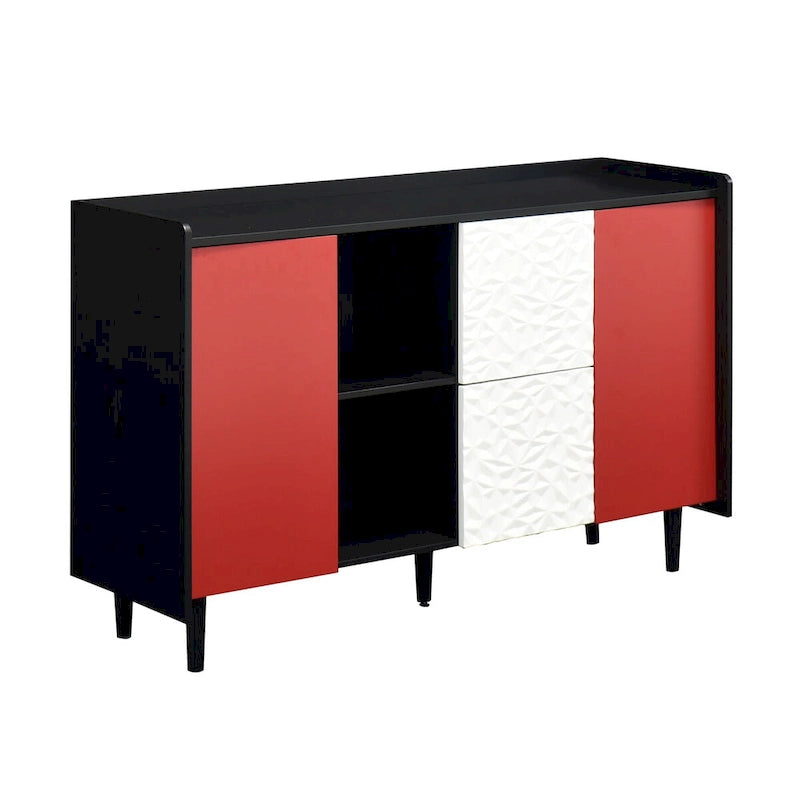 Credenza Madia, Mobile Contenitore con Ante Rosse, 2 Cassetti con pannello decorativo unico e 2 Vani a Giorno