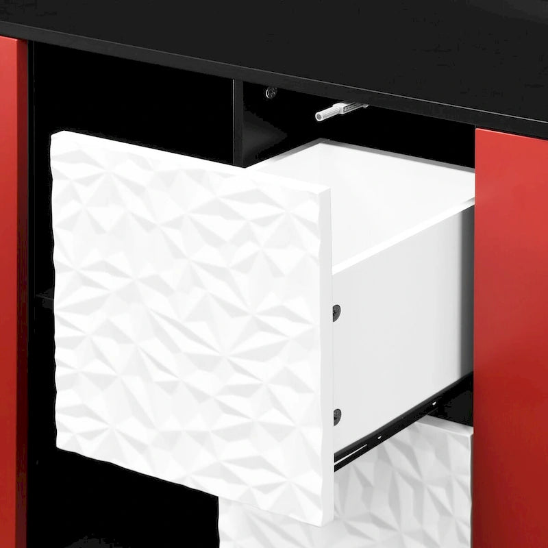 Credenza Madia, Mobile Contenitore con Ante Rosse, 2 Cassetti con pannello decorativo unico e 2 Vani a Giorno