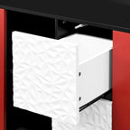 Credenza Madia, Mobile Contenitore con Ante Rosse, 2 Cassetti con pannello decorativo unico e 2 Vani a Giorno