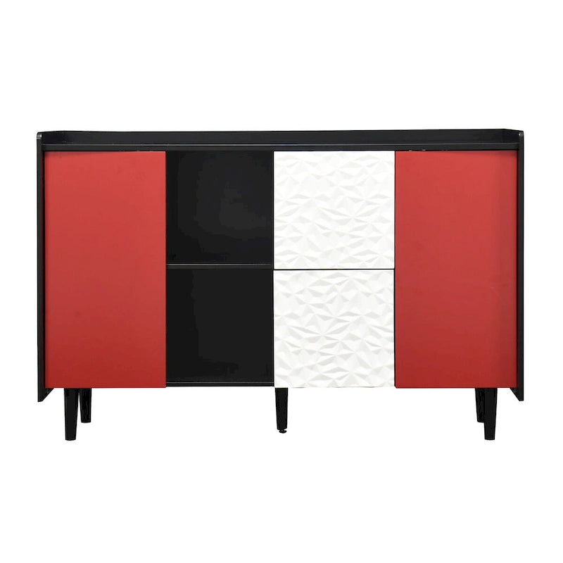 Credenza Madia, Mobile Contenitore con Ante Rosse, 2 Cassetti con pannello decorativo unico e 2 Vani a Giorno