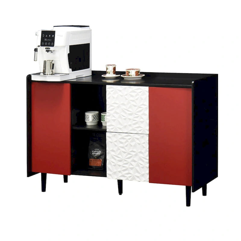 Credenza Madia, Mobile Contenitore con Ante Rosse, 2 Cassetti con pannello decorativo unico e 2 Vani a Giorno