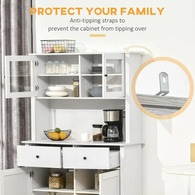 Buffet da cucina da 63,5" con credenza, 4 ripiani, cassetti, ante in vetro con telaio