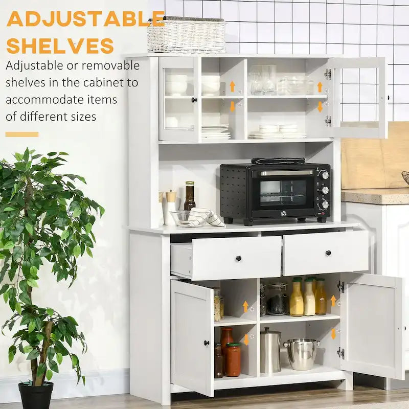 Buffet da cucina da 63,5" con credenza, 4 ripiani, cassetti, ante in vetro con telaio