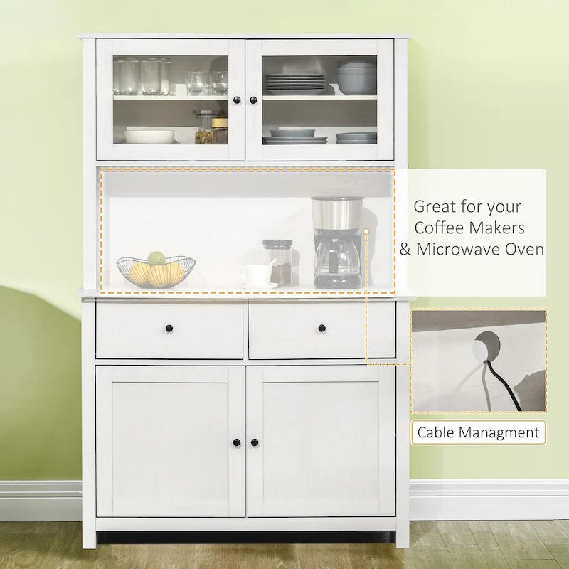 Buffet da cucina da 63,5" con credenza, 4 ripiani, cassetti, ante in vetro con telaio