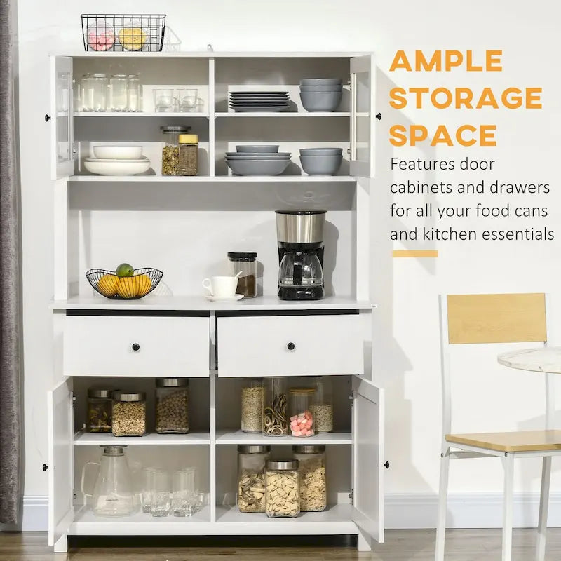 Buffet da cucina da 63,5" con credenza, 4 ripiani, cassetti, ante in vetro con telaio
