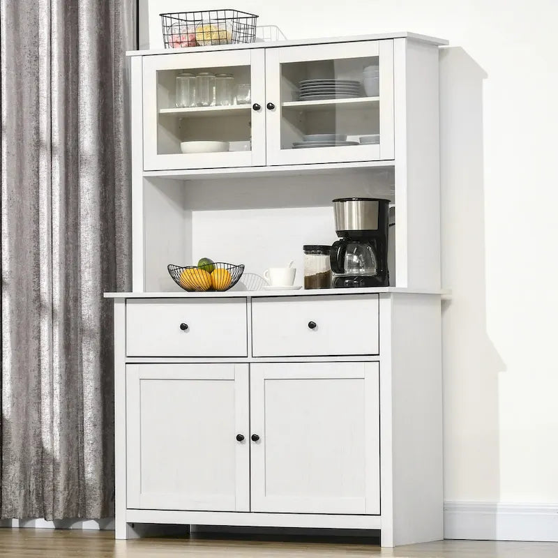 Buffet da cucina da 63,5" con credenza, 4 ripiani, cassetti, ante in vetro con telaio