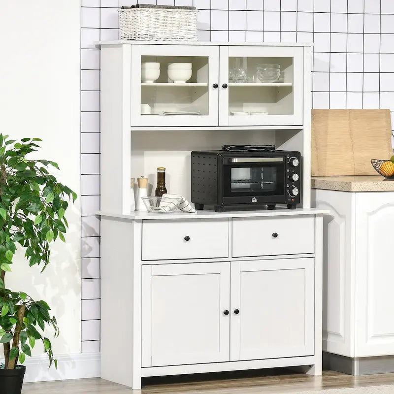 Buffet da cucina da 63,5" con credenza, 4 ripiani, cassetti, ante in vetro con telaio