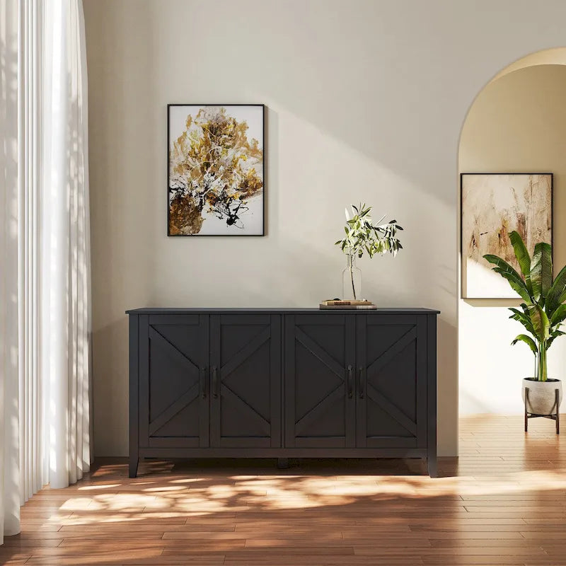 Credenza a 4 ante e 4 ripiani aperti, mobiletto indipendente per ingresso, ufficio, camera da letto