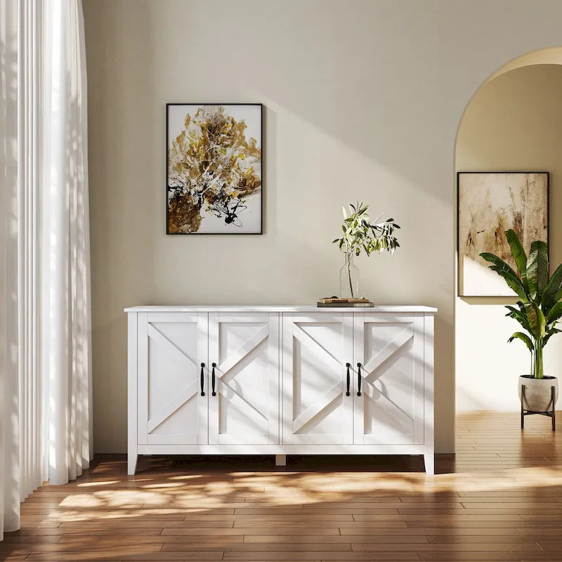 Credenza a 4 ante e 4 ripiani aperti, mobiletto indipendente per ingresso, ufficio, camera da letto