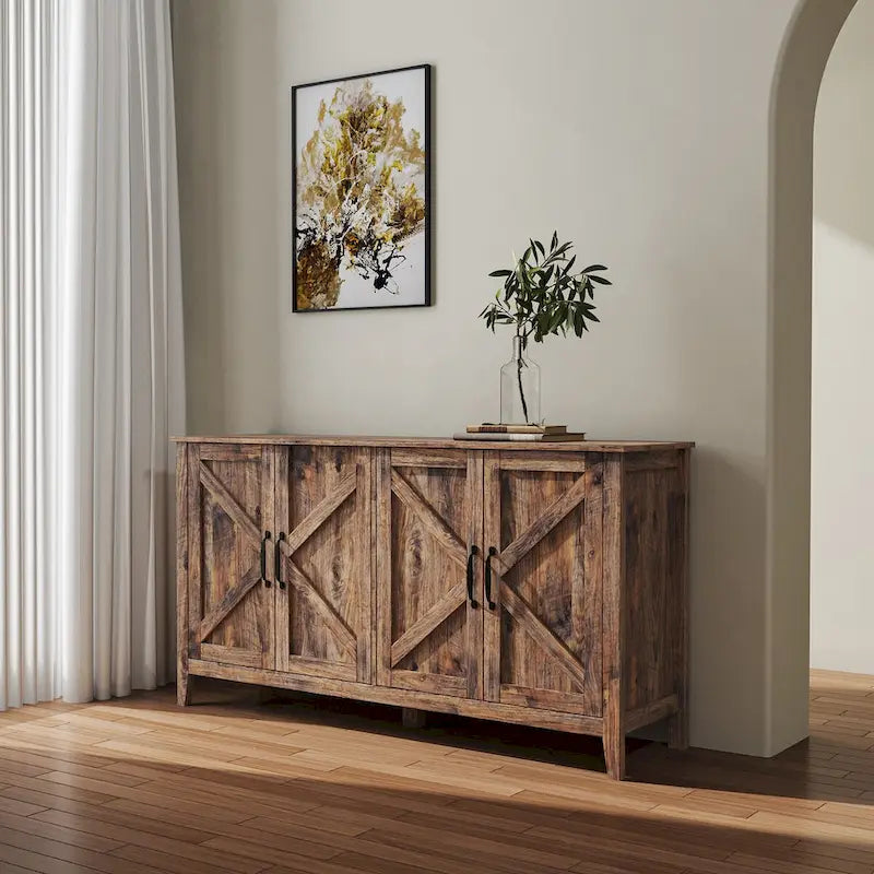 Credenza a 4 ante e 4 ripiani aperti, mobiletto indipendente per ingresso, ufficio, camera da letto