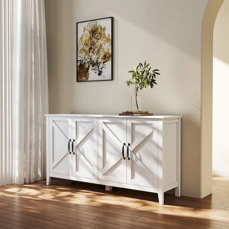 Credenza a 4 ante e 4 ripiani aperti, mobiletto indipendente per ingresso, ufficio, camera da letto