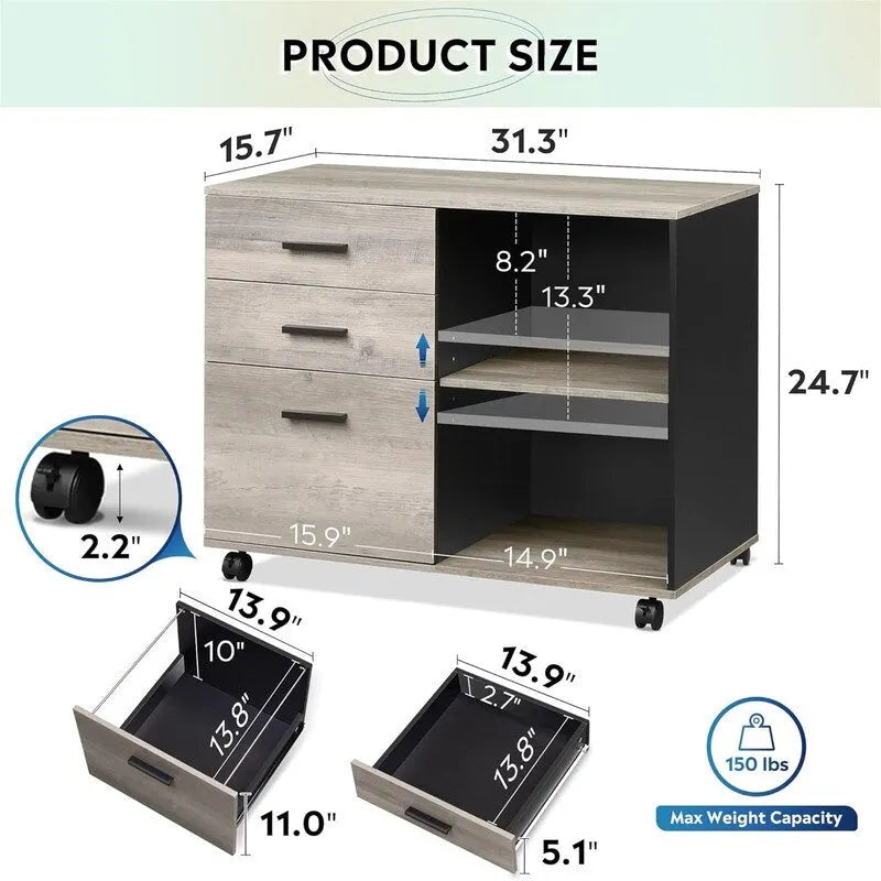 Cassettiera in legno a 3 cassetti - 15.7P x 31.3L x 24.7H