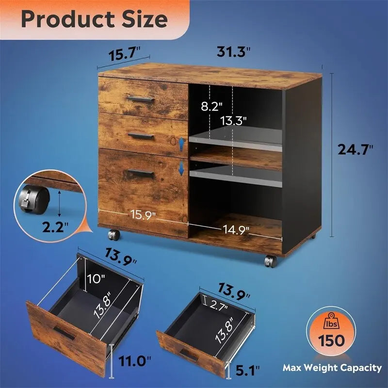 Cassettiera in legno a 3 cassetti - 15.7P x 31.3L x 24.7H