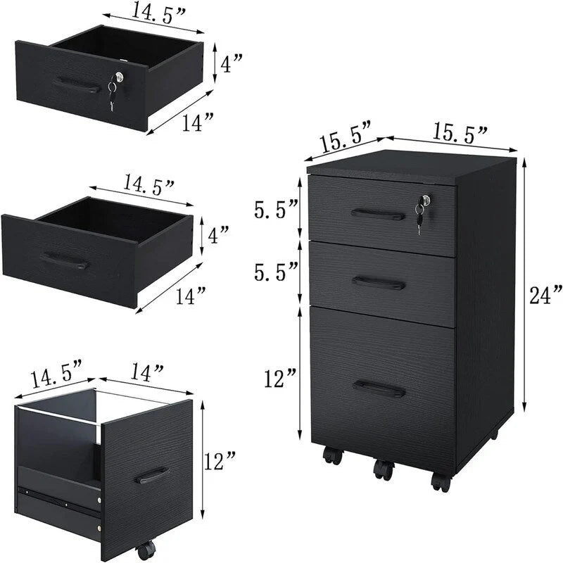 Cassettiera con serratura a 3 cassetti in legno con ruote - 38P x 38L x 66A