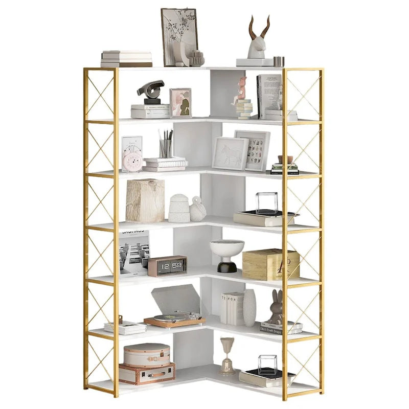 Libreria a 7 ripiani per ufficio domestico, libreria angolare a L con struttura in metallo, pannello in MDF - 37.4*37.4*709