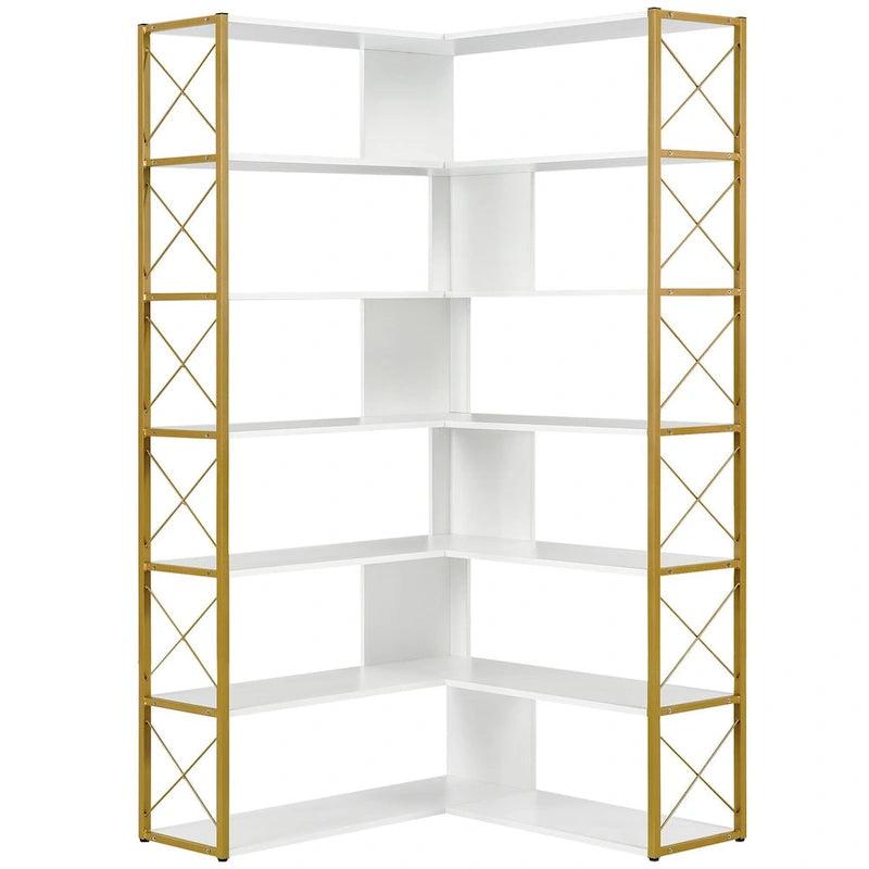 Libreria a 7 ripiani per ufficio domestico, libreria angolare a L con struttura in metallo, pannello in MDF - 37.4*37.4*709
