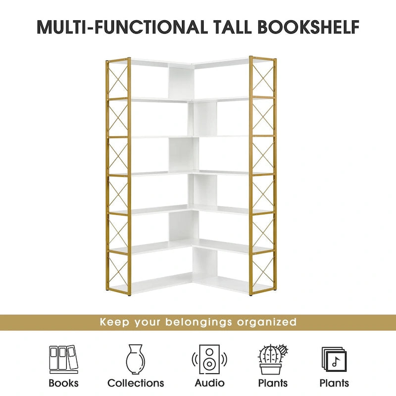 Libreria a 7 ripiani per ufficio domestico, libreria angolare a L con struttura in metallo, pannello in MDF - 37.4*37.4*709