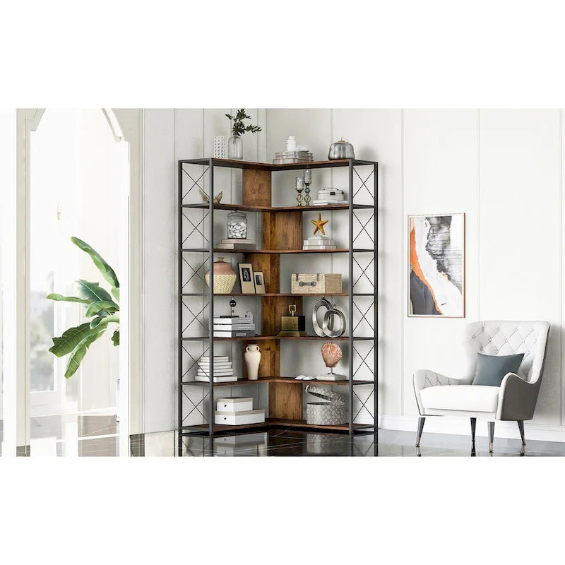 Libreria a 7 ripiani per ufficio domestico, libreria angolare a L con struttura in metallo, pannello in MDF - 37.4*37.4*709